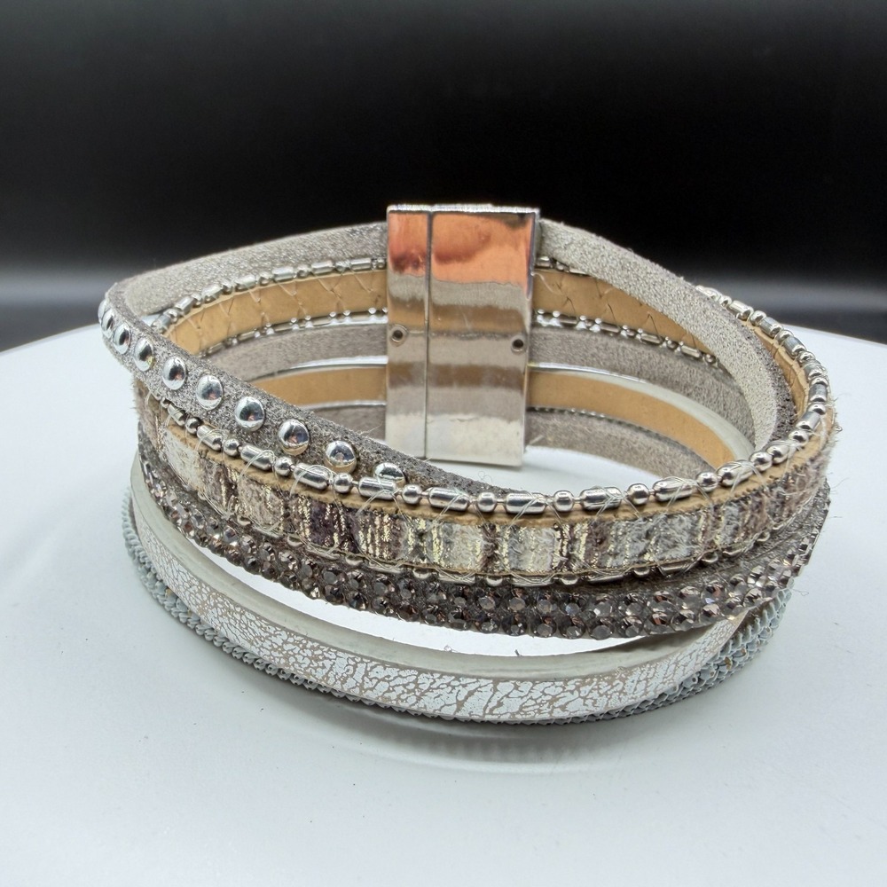 Silver Tone Multi Strand Wrap Magnetic Bracelet Rhinestone Boho Statement Gift